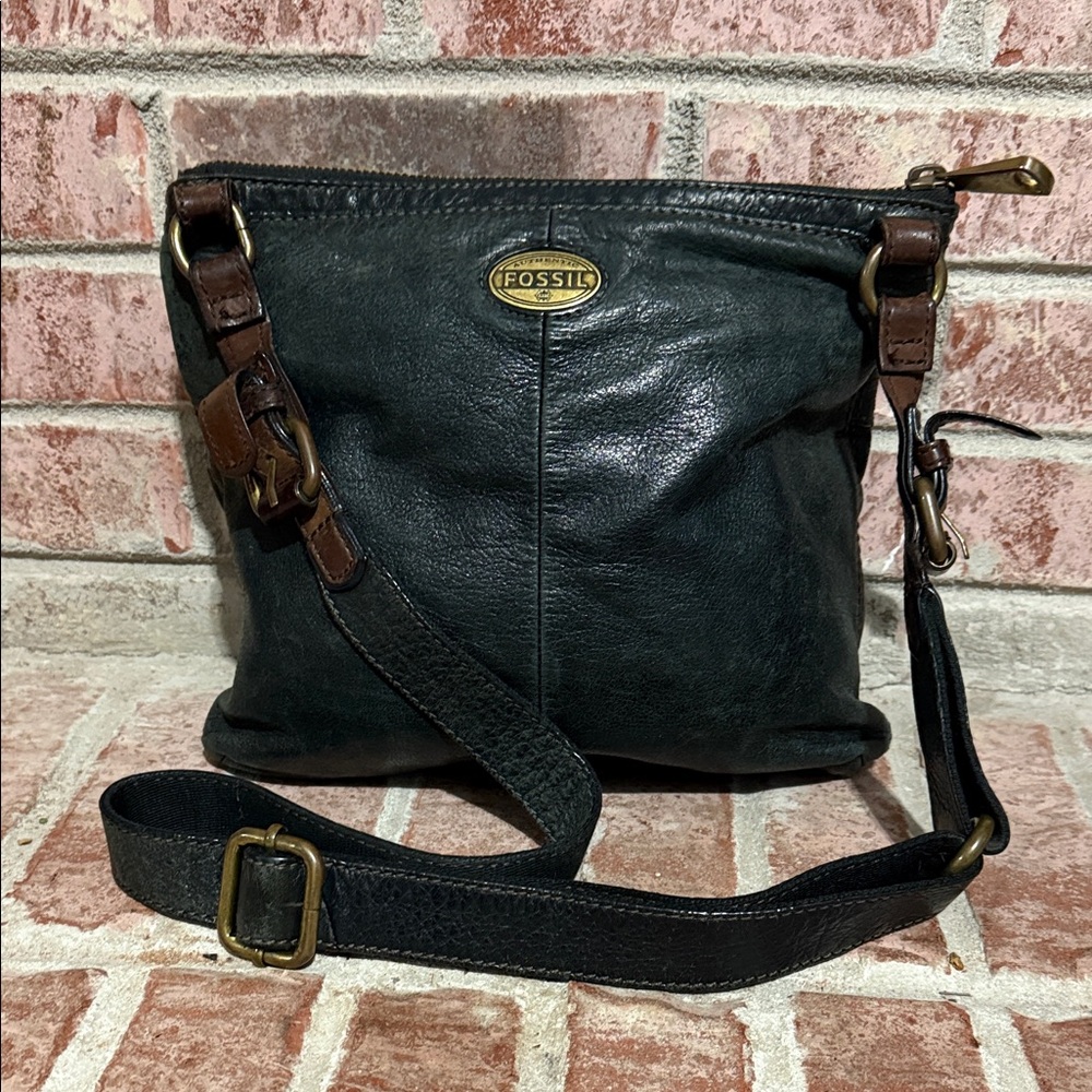 Fossil emerald green and Brown Leather Messenger Bag